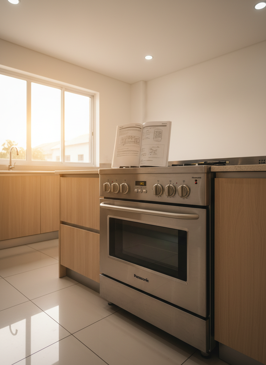 Una cocina familiar en Panamá Oeste con una estufa y horno Panasonic empotrados en acero inoxidable, al centro de la escena. Las perillas y panel frontal están limpios, con luces indicadoras encendidas que sugieren funcionamiento correcto. Sobre el tope de cuarzo claro, se observa un manual genérico de electrodomésticos abierto y un pequeño destornillador de precisión, sin marcas. Luz cálida de tarde entra por una ventana, mezclada con iluminación de techo blanca, logrando un ambiente acogedor pero profesional. Toma a ligeramente desde arriba, mostrando también gabinetes de madera clara y piso brillante. Estilo fotográfico realista y ordenado que evoca mantenimiento preventivo y revisión técnica segura.