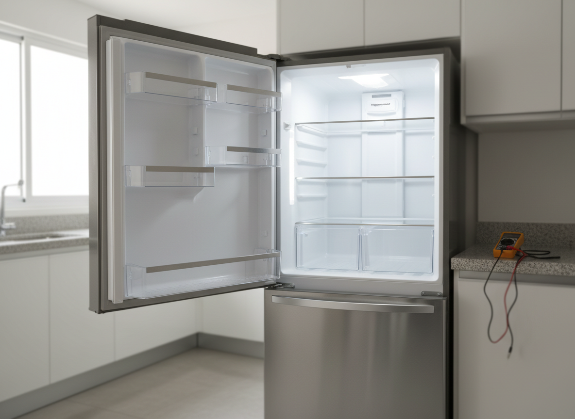 Un moderno refrigerador de acero inoxidable Panasonic, limpio y reluciente, abierto para mostrar estantes de vidrio impecables y luz interior blanca brillante. Está ubicado en una cocina contemporánea de Ciudad de Panamá, con gabinetes blancos lacados y tope de granito gris claro. Sobre la superficie se ven discretamente algunas herramientas de diagnóstico y un multímetro, ordenados y sin marcas de marca. Luz natural suave entra por una ventana lateral, creando reflejos sutiles en el metal y sombras delicadas. Composición a nivel de los ojos, con enfoque nítido en el refrigerador y fondo ligeramente desenfocado, en estilo fotográfico realista, transmitiendo sensación de confianza, profesionalismo y servicio técnico especializado a domicilio.