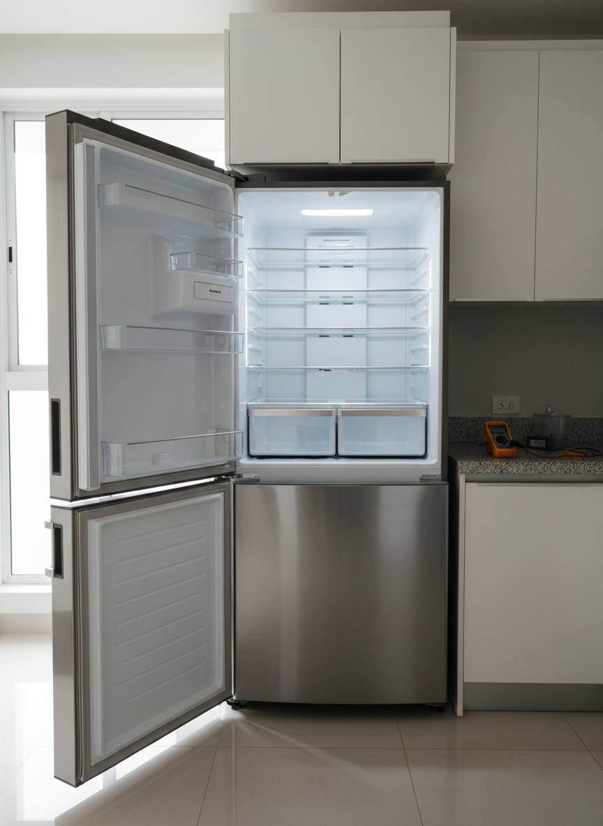 Un moderno refrigerador de acero inoxidable Panasonic, limpio y reluciente, abierto para mostrar estantes de vidrio impecables y luz interior blanca brillante. Está ubicado en una cocina contemporánea de Ciudad de Panamá, con gabinetes blancos lacados y tope de granito gris claro. Sobre la superficie se ven discretamente algunas herramientas de diagnóstico y un multímetro, ordenados y sin marcas de marca. Luz natural suave entra por una ventana lateral, creando reflejos sutiles en el metal y sombras delicadas. Composición a nivel de los ojos, con enfoque nítido en el refrigerador y fondo ligeramente desenfocado, en estilo fotográfico realista, transmitiendo sensación de confianza, profesionalismo y servicio técnico especializado a domicilio.