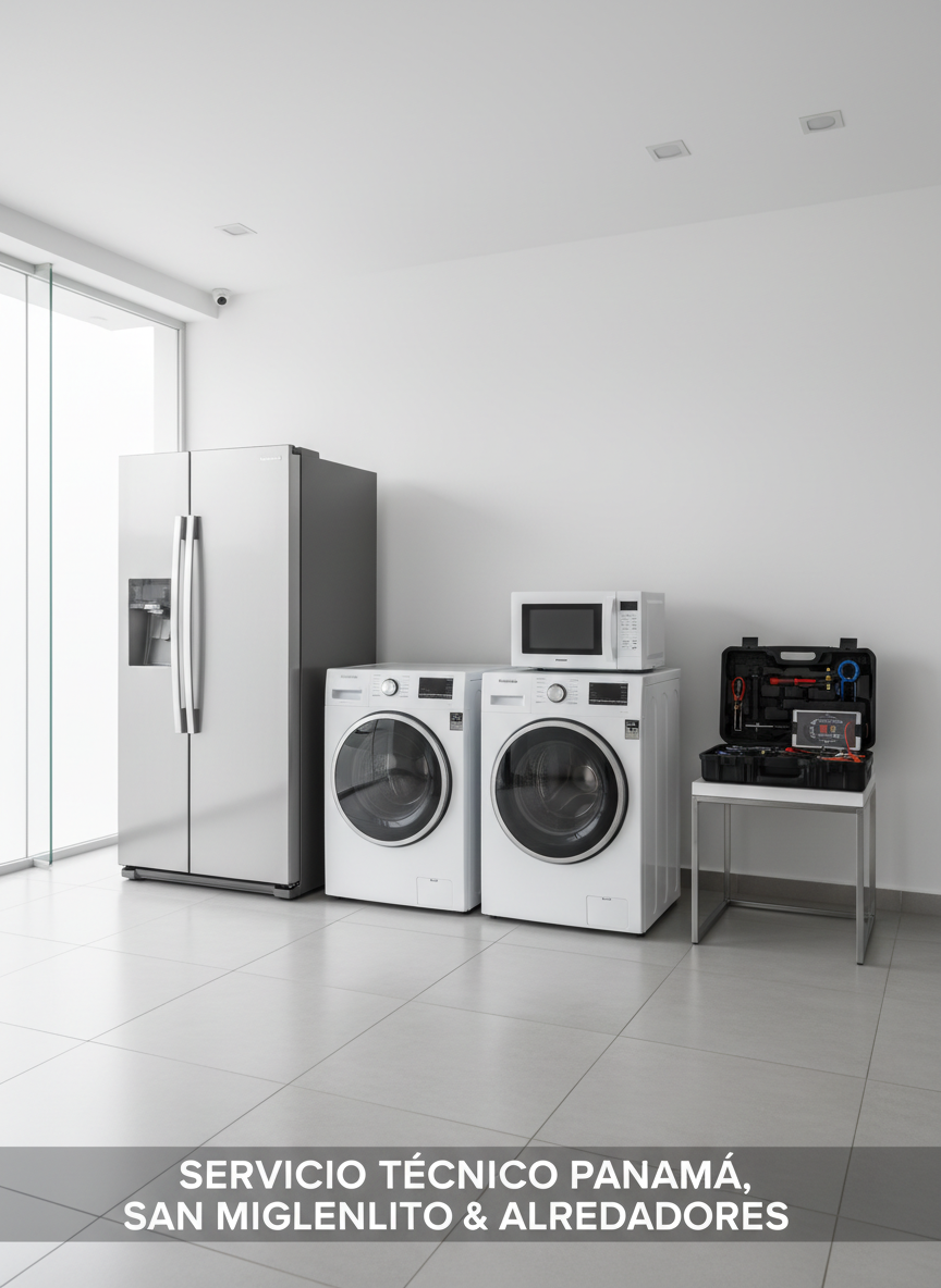 Un conjunto de electrodomésticos Panasonic —refrigeradora alta, lavadora de carga superior, secadora y microondas— alineados en un espacio tipo showroom doméstico minimalista, con paredes blancas y piso de cerámica gris clara. Cada aparato luce impecable, sin huellas ni manchas, con paneles de control claros sin marcas de texto legibles. A un lado, sobre una mesa auxiliar, hay un maletín de herramientas abierto con instrumentos de diagnóstico ordenados. Luz natural difusa entra por un gran ventanal, complementada por focos de techo, generando una iluminación uniforme y profesional. Fotografía a nivel de los ojos, en formato horizontal, con estilo realista y limpio, transmitiendo cobertura de servicio a múltiples electrodomésticos en hogares de Ciudad de Panamá, San Miguelito y alrededores.