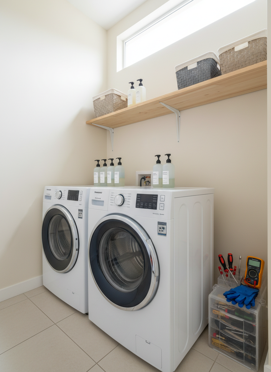 Una vista panorámica de una sala de lavado ordenada con una lavadora y secadora Panasonic de carga frontal en acabado blanco brillante, alineadas contra una pared clara. Alrededor, estantes flotantes con cestas de almacenamiento neutras y botellas genéricas sin marcas visibles. En el piso, un organizador con destornilladores, guantes y un pequeño probador eléctrico, todo muy limpio y bien dispuesto. Luz de mediodía entra por una ventana alta, generando una iluminación uniforme y profesional. Toma ligeramente angular, usando regla de los tercios, con profundidad de campo media para mostrar todo el entorno. Estética fotográfica limpia y moderna, transmitiendo orden, mantenimiento preventivo y servicio confiable en hogares de Panamá.