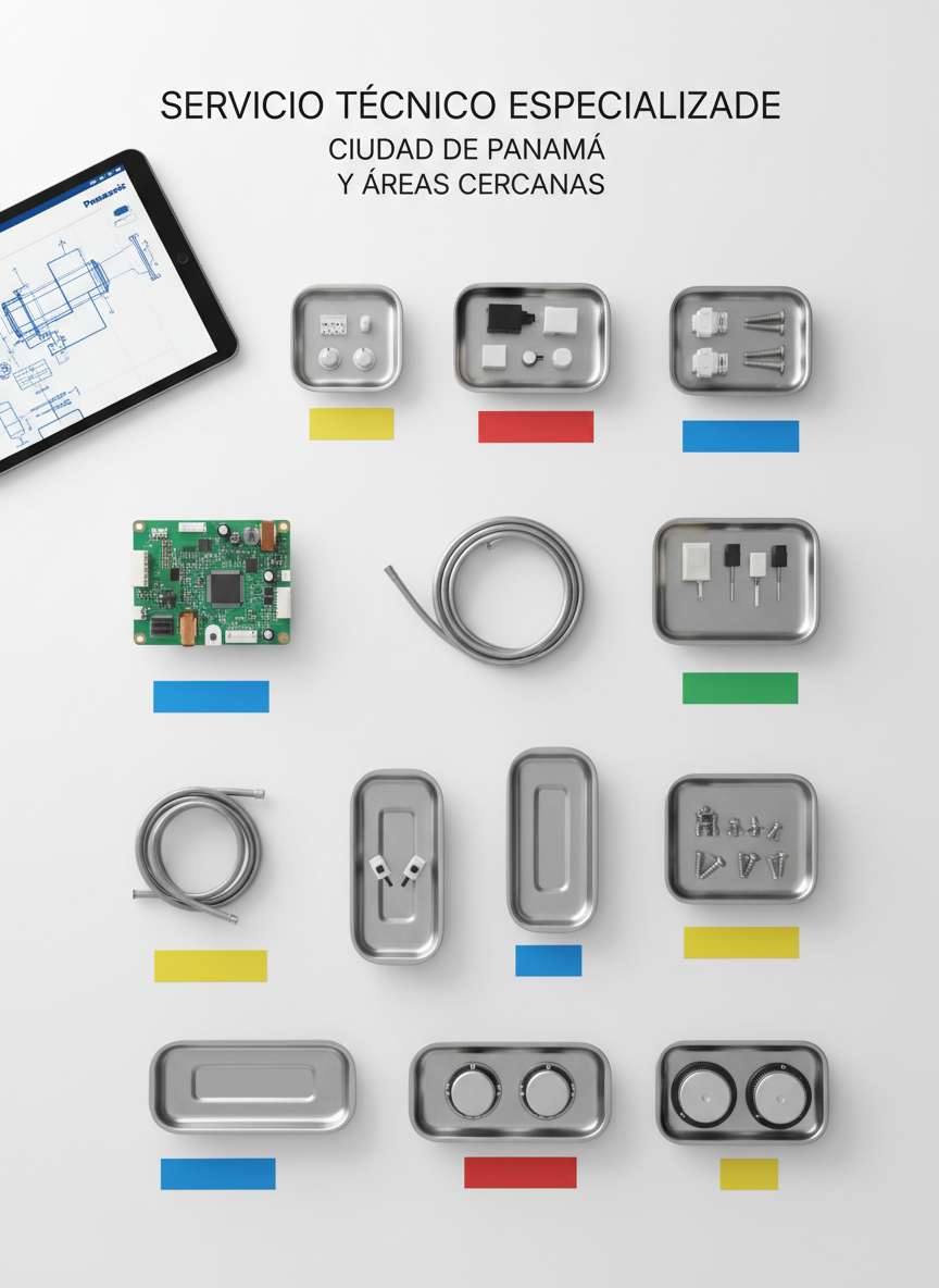Mapa estilizado y fotográfico de una mesa de trabajo con fondo blanco, donde se distribuyen cuidadosamente varias piezas y componentes de electrodomésticos Panasonic: tarjeta electrónica, sensores, mangueras, tornillos y termostatos, todos limpios y sin logos. Cada componente descansa sobre pequeñas bandejas metálicas, con etiquetas de colores sin texto. En una esquina se ve una tablet mostrando un esquema técnico desenfocado. Luz suave de estudio desde arriba crea sombras delicadas y un aspecto muy nítido, casi clínico. Composición cenital tipo vista de plano, con enfoque total para resaltar el detalle. La atmósfera es altamente profesional, organizada y precisa, ideal para ilustrar un servicio técnico especializado en Ciudad de Panamá y áreas cercanas.